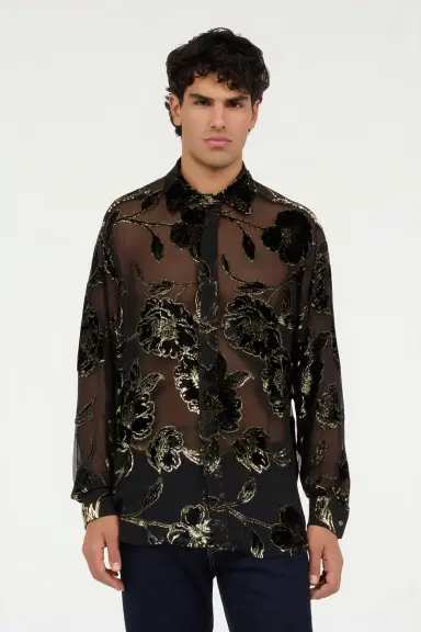 Roberto Cavalli Black and Gold See-Through Shirt with Floral Pattern | Thumbnail 2 Roberto Cavalli Black and Gold See-Through Shirt with Floral Pattern | Thumbnail 2