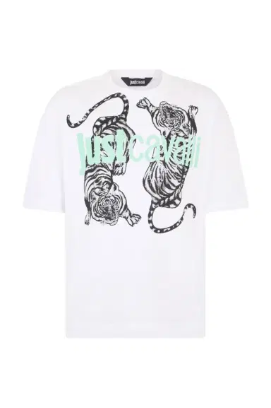 Roberto Cavalli White T-Shirt With Tiger Graphic And Logo | Thumbnail 1 Roberto Cavalli White T-Shirt With Tiger Graphic And Logo | Thumbnail 1