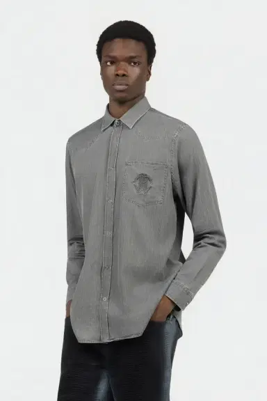 Roberto Cavalli Grey Cotton Shirt with Embroidered Logo | Thumbnail 2 Roberto Cavalli Grey Cotton Shirt with Embroidered Logo | Thumbnail 2