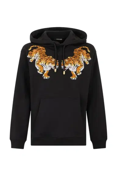 Roberto Cavalli Black Hooded Sweatshirt With Tiger Embroidery | Thumbnail 1 Roberto Cavalli Black Hooded Sweatshirt With Tiger Embroidery | Thumbnail 1