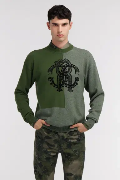 Roberto Cavalli Green Two-Tone Sweater with Monogram RC | Thumbnail 4 Roberto Cavalli Green Two-Tone Sweater with Monogram RC | Thumbnail 4