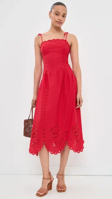 Moon River Eyelet Midi Dress Red | Thumbnail 2 Moon River Eyelet Midi Dress Red | Thumbnail 2