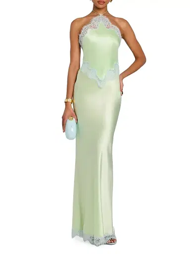Retrofête Women's Everly Lace-Trim Satin Gown - Glace Pistachio | Thumbnail 2 Retrofête Women's Everly Lace-Trim Satin Gown - Glace Pistachio | Thumbnail 2
