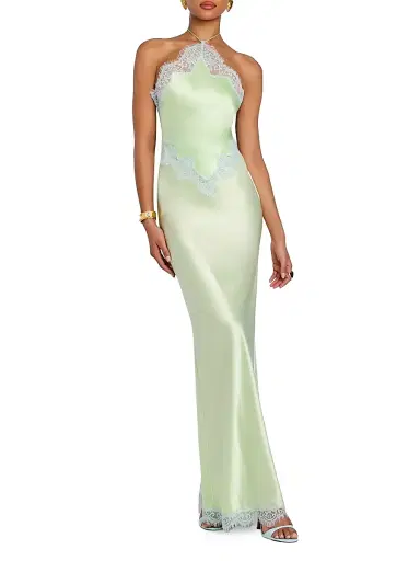 Retrofête Women's Everly Lace-Trim Satin Gown - Glace Pistachio | Thumbnail 3 Retrofête Women's Everly Lace-Trim Satin Gown - Glace Pistachio | Thumbnail 3