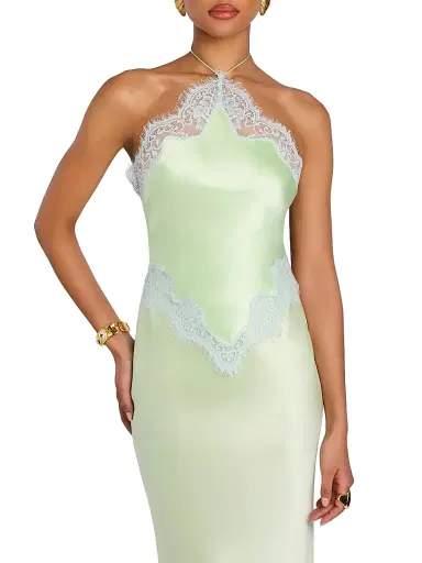 Retrofête Women's Everly Lace-Trim Satin Gown - Glace Pistachio | Thumbnail 6 Retrofête Women's Everly Lace-Trim Satin Gown - Glace Pistachio | Thumbnail 6