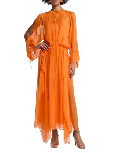 Alberta Ferretti Women's Chiffon Gathered Waist Dress - Orange | Thumbnail 2 Alberta Ferretti Women's Chiffon Gathered Waist Dress - Orange | Thumbnail 2