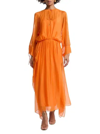 Alberta Ferretti Women's Chiffon Gathered Waist Dress - Orange | Thumbnail 3 Alberta Ferretti Women's Chiffon Gathered Waist Dress - Orange | Thumbnail 3