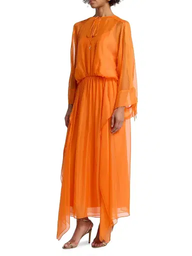 Alberta Ferretti Women's Chiffon Gathered Waist Dress - Orange | Thumbnail 4 Alberta Ferretti Women's Chiffon Gathered Waist Dress - Orange | Thumbnail 4
