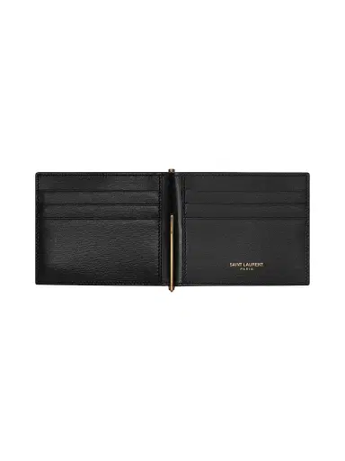 Saint Laurent Men's Tiny Cassandre Bill Clip Wallet in Shiny Leather - Black | Thumbnail 2 Saint Laurent Men's Tiny Cassandre Bill Clip Wallet in Shiny Leather - Black | Thumbnail 2