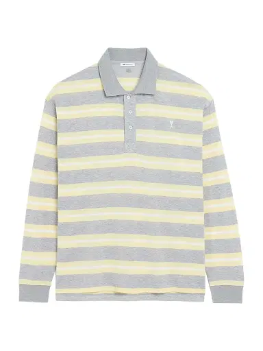 AMI Paris Men's Ami de Coeur Striped Polo Shirt - Gris Chine Jaune Blanc | Thumbnail 1 AMI Paris Men's Ami de Coeur Striped Polo Shirt - Gris Chine Jaune Blanc | Thumbnail 1