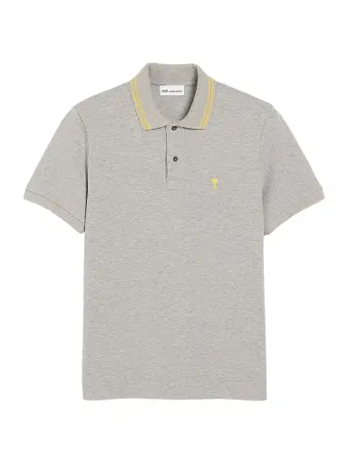 AMI Paris Men's Ami de Coeur Tipped Slim-Fit Polo Shirt - Gris Chine Clair Jaune | Thumbnail 1 AMI Paris Men's Ami de Coeur Tipped Slim-Fit Polo Shirt - Gris Chine Clair Jaune | Thumbnail 1