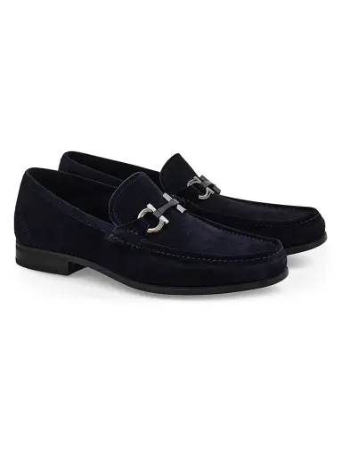 FERRAGAMO Men's Gancini Suede Loafers - Navy | Thumbnail 2 FERRAGAMO Men's Gancini Suede Loafers - Navy | Thumbnail 2