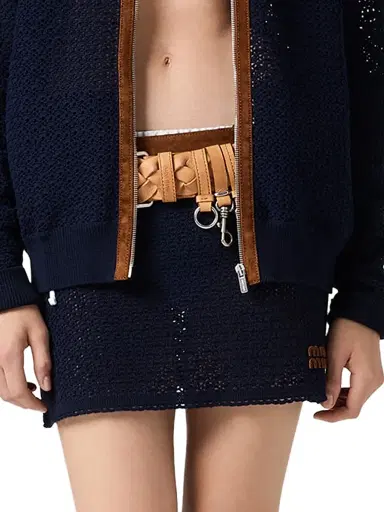 Miu Miu Women's Cotton Crochet and Suede Mini Skirt - Blue | Thumbnail 2 Miu Miu Women's Cotton Crochet and Suede Mini Skirt - Blue | Thumbnail 2