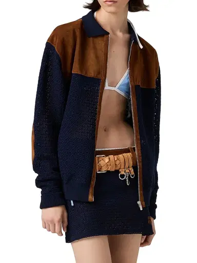 Miu Miu Women's Cotton Crochet and Suede Cardigan - Blue | Thumbnail 2 Miu Miu Women's Cotton Crochet and Suede Cardigan - Blue | Thumbnail 2