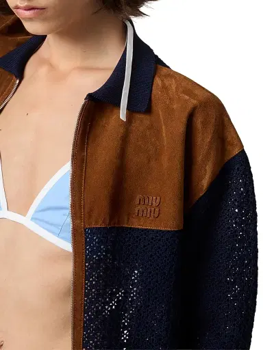 Miu Miu Women's Cotton Crochet and Suede Cardigan - Blue | Thumbnail 6 Miu Miu Women's Cotton Crochet and Suede Cardigan - Blue | Thumbnail 6