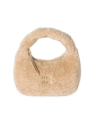 Miu Miu Women's Wander Shearling Top Handle Bag - Beige Khaki | Thumbnail 1 Miu Miu Women's Wander Shearling Top Handle Bag - Beige Khaki | Thumbnail 1