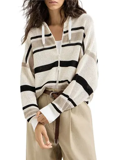 Brunello Cucinelli Women's Striped Cotton Net Hooded Cardigan with Zipper | Thumbnail 2 Brunello Cucinelli Women's Striped Cotton Net Hooded Cardigan with Zipper | Thumbnail 2