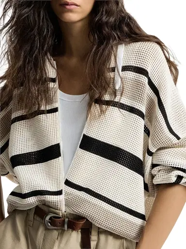 Brunello Cucinelli Women's Striped Cotton Net Hooded Cardigan with Zipper | Thumbnail 4 Brunello Cucinelli Women's Striped Cotton Net Hooded Cardigan with Zipper | Thumbnail 4