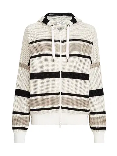 Brunello Cucinelli Women's Striped Cotton Net Hooded Cardigan with Zipper | Thumbnail 1 Brunello Cucinelli Women's Striped Cotton Net Hooded Cardigan with Zipper | Thumbnail 1