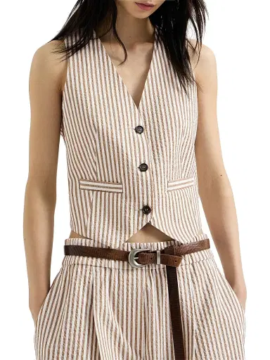 Brunello Cucinelli Women's Techno Cotton Striped Seersucker Vest - Beige | Thumbnail 2 Brunello Cucinelli Women's Techno Cotton Striped Seersucker Vest - Beige | Thumbnail 2