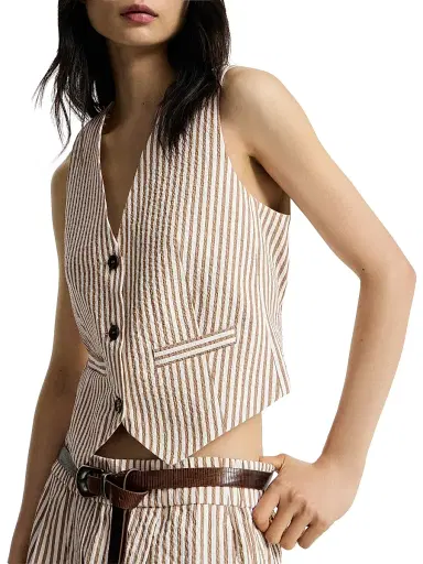 Brunello Cucinelli Women's Techno Cotton Striped Seersucker Vest - Beige | Thumbnail 4 Brunello Cucinelli Women's Techno Cotton Striped Seersucker Vest - Beige | Thumbnail 4