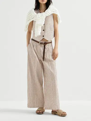 Brunello Cucinelli Women's Techno Cotton Striped Seersucker Vest - Beige | Thumbnail 6 Brunello Cucinelli Women's Techno Cotton Striped Seersucker Vest - Beige | Thumbnail 6