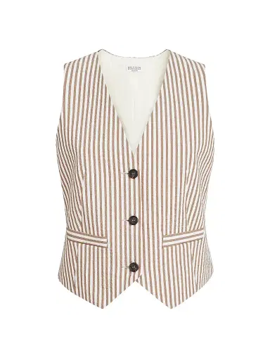Brunello Cucinelli Women's Techno Cotton Striped Seersucker Vest - Beige | Thumbnail 1 Brunello Cucinelli Women's Techno Cotton Striped Seersucker Vest - Beige | Thumbnail 1