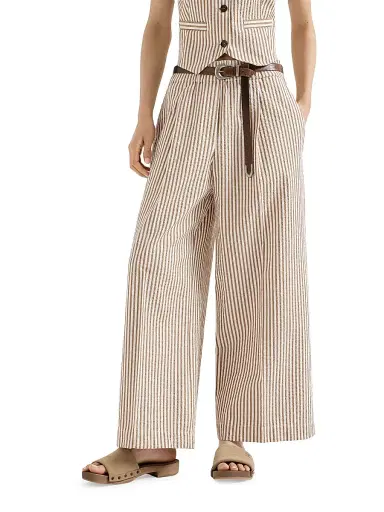 Brunello Cucinelli Women's Techno Cotton Striped Seersucker Baggy Track Trousers with Monili - Beige | Thumbnail 2 Brunello Cucinelli Women's Techno Cotton Striped Seersucker Baggy Track Trousers with Monili - Beige | Thumbnail 2