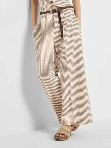 Brunello Cucinelli Women's Techno Cotton Striped Seersucker Baggy Track Trousers with Monili - Beige | Thumbnail 5 Brunello Cucinelli Women's Techno Cotton Striped Seersucker Baggy Track Trousers with Monili - Beige | Thumbnail 5