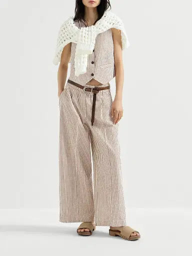 Brunello Cucinelli Women's Techno Cotton Striped Seersucker Baggy Track Trousers with Monili - Beige | Thumbnail 6 Brunello Cucinelli Women's Techno Cotton Striped Seersucker Baggy Track Trousers with Monili - Beige | Thumbnail 6