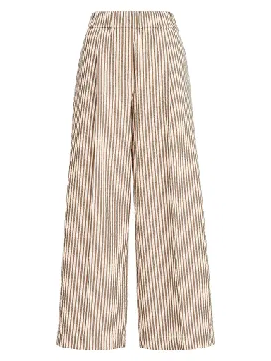Brunello Cucinelli Women's Techno Cotton Striped Seersucker Baggy Track Trousers with Monili - Beige | Thumbnail 1 Brunello Cucinelli Women's Techno Cotton Striped Seersucker Baggy Track Trousers with Monili - Beige | Thumbnail 1