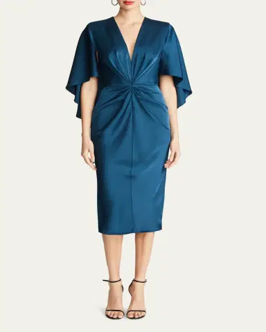 Halston Tomi Pleated Satin Cape Midi Dress | Thumbnail 2 Halston Tomi Pleated Satin Cape Midi Dress | Thumbnail 2