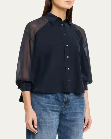 Brunello Cucinelli Chiffon Raglan Sleeve Button-Down Shirt | Thumbnail 4 Brunello Cucinelli Chiffon Raglan Sleeve Button-Down Shirt | Thumbnail 4