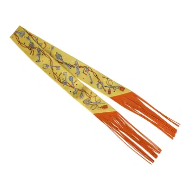 HERMÈS Hermes "Les Cles a Pois" Jaune, Argent and Orange Vif Fringe Silk Twilly | Thumbnail 2 HERMÈS Hermes "Les Cles a Pois" Jaune, Argent and Orange Vif Fringe Silk Twilly | Thumbnail 2