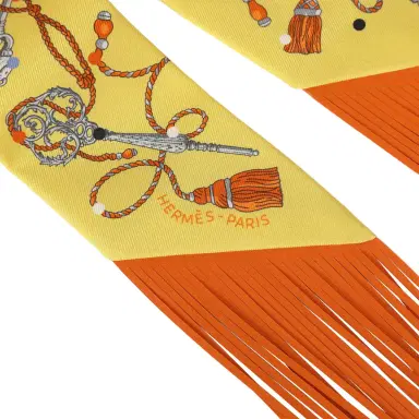 HERMÈS Hermes "Les Cles a Pois" Jaune, Argent and Orange Vif Fringe Silk Twilly | Thumbnail 3 HERMÈS Hermes "Les Cles a Pois" Jaune, Argent and Orange Vif Fringe Silk Twilly | Thumbnail 3