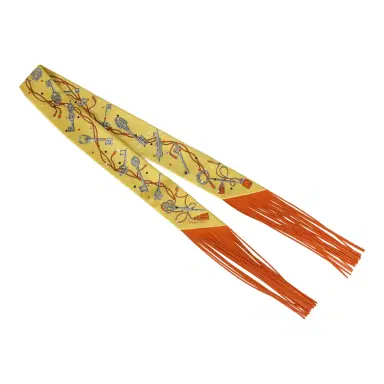 HERMÈS Hermes "Les Cles a Pois" Jaune, Argent and Orange Vif Fringe Silk Twilly | Thumbnail 2 HERMÈS Hermes "Les Cles a Pois" Jaune, Argent and Orange Vif Fringe Silk Twilly | Thumbnail 2