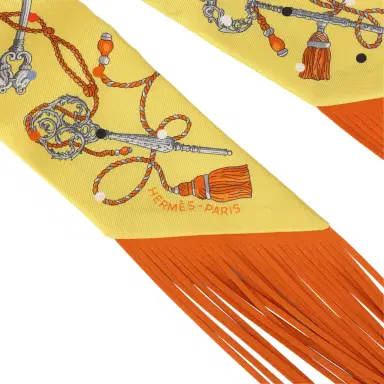 HERMÈS Hermes "Les Cles a Pois" Jaune, Argent and Orange Vif Fringe Silk Twilly | Thumbnail 3 HERMÈS Hermes "Les Cles a Pois" Jaune, Argent and Orange Vif Fringe Silk Twilly | Thumbnail 3