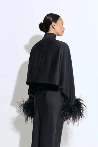 LAPOINTE Lightweight Satin Caftan Top With Feathers | Thumbnail 2 LAPOINTE Lightweight Satin Caftan Top With Feathers | Thumbnail 2