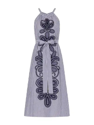 Carolina Herrera Belted Striped Embroidered Cotton-poplin Halterneck Midi Dress | Thumbnail 1 Carolina Herrera Belted Striped Embroidered Cotton-poplin Halterneck Midi Dress | Thumbnail 1