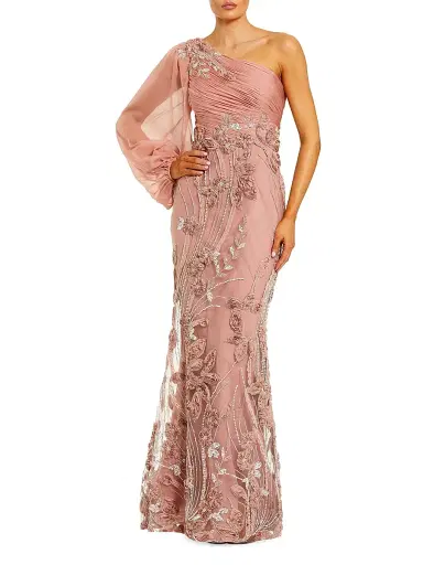 Mac Duggal Women's One-Shoulder Embroidered Chiffon Trumpet Gown - Mocha | Thumbnail 1 Mac Duggal Women's One-Shoulder Embroidered Chiffon Trumpet Gown - Mocha | Thumbnail 1
