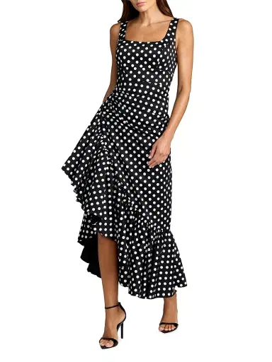 Mac Duggal Women's Asymmetric Ruffle Polka Dot Maxi Dress - Black | Thumbnail 1 Mac Duggal Women's Asymmetric Ruffle Polka Dot Maxi Dress - Black | Thumbnail 1