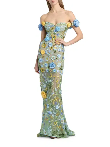 Bronx and Banco Women's Portofino Floral Applique Off-the-Shoulder Gown - Blue Multi | Thumbnail 2 Bronx and Banco Women's Portofino Floral Applique Off-the-Shoulder Gown - Blue Multi | Thumbnail 2