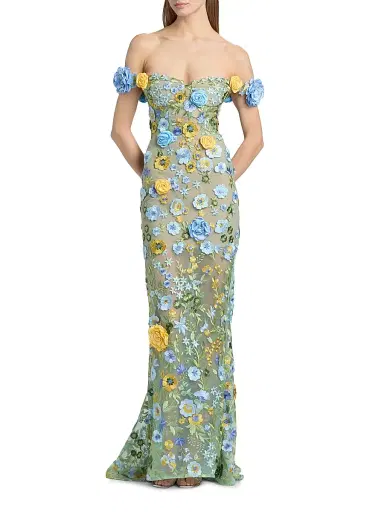 Bronx and Banco Women's Portofino Floral Applique Off-the-Shoulder Gown - Blue Multi | Thumbnail 3 Bronx and Banco Women's Portofino Floral Applique Off-the-Shoulder Gown - Blue Multi | Thumbnail 3