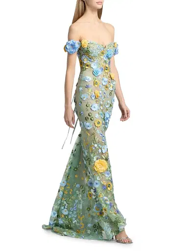 Bronx and Banco Women's Portofino Floral Applique Off-the-Shoulder Gown - Blue Multi | Thumbnail 4 Bronx and Banco Women's Portofino Floral Applique Off-the-Shoulder Gown - Blue Multi | Thumbnail 4