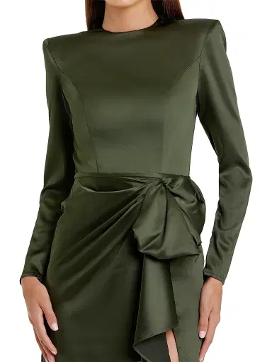 Mac Duggal Women's Satin Power Shoulder Gown - Olive - Size 16 | Thumbnail 3 Mac Duggal Women's Satin Power Shoulder Gown - Olive - Size 16 | Thumbnail 3