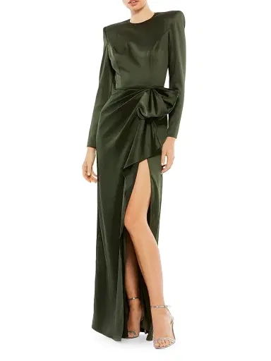 Mac Duggal Women's Satin Power Shoulder Gown - Olive - Size 16 | Thumbnail 1 Mac Duggal Women's Satin Power Shoulder Gown - Olive - Size 16 | Thumbnail 1
