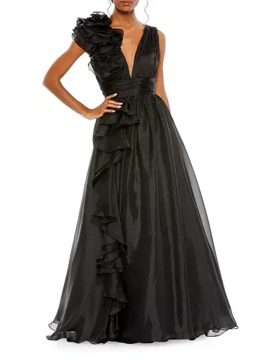Mac Duggal Women's Ruffle Shoulder V-Neck Gown - Black - Size 16 | Thumbnail 1 Mac Duggal Women's Ruffle Shoulder V-Neck Gown - Black - Size 16 | Thumbnail 1