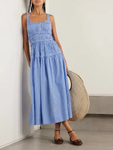 DÔEN Marianne Shirred Striped Cotton-poplin Midi Dress | Thumbnail 2 DÔEN Marianne Shirred Striped Cotton-poplin Midi Dress | Thumbnail 2