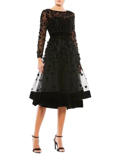 Mac Duggal Women's Floral Appliqué Tea Dress - Black - Size 16 | Thumbnail 2 Mac Duggal Women's Floral Appliqué Tea Dress - Black - Size 16 | Thumbnail 2