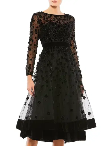 Mac Duggal Women's Floral Appliqué Tea Dress - Black - Size 16 | Thumbnail 6 Mac Duggal Women's Floral Appliqué Tea Dress - Black - Size 16 | Thumbnail 6